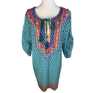 Urban Coco Womens Geometric 3/4 Sleeve Tassel Tie Teal Tunic Kaftan Dress Large